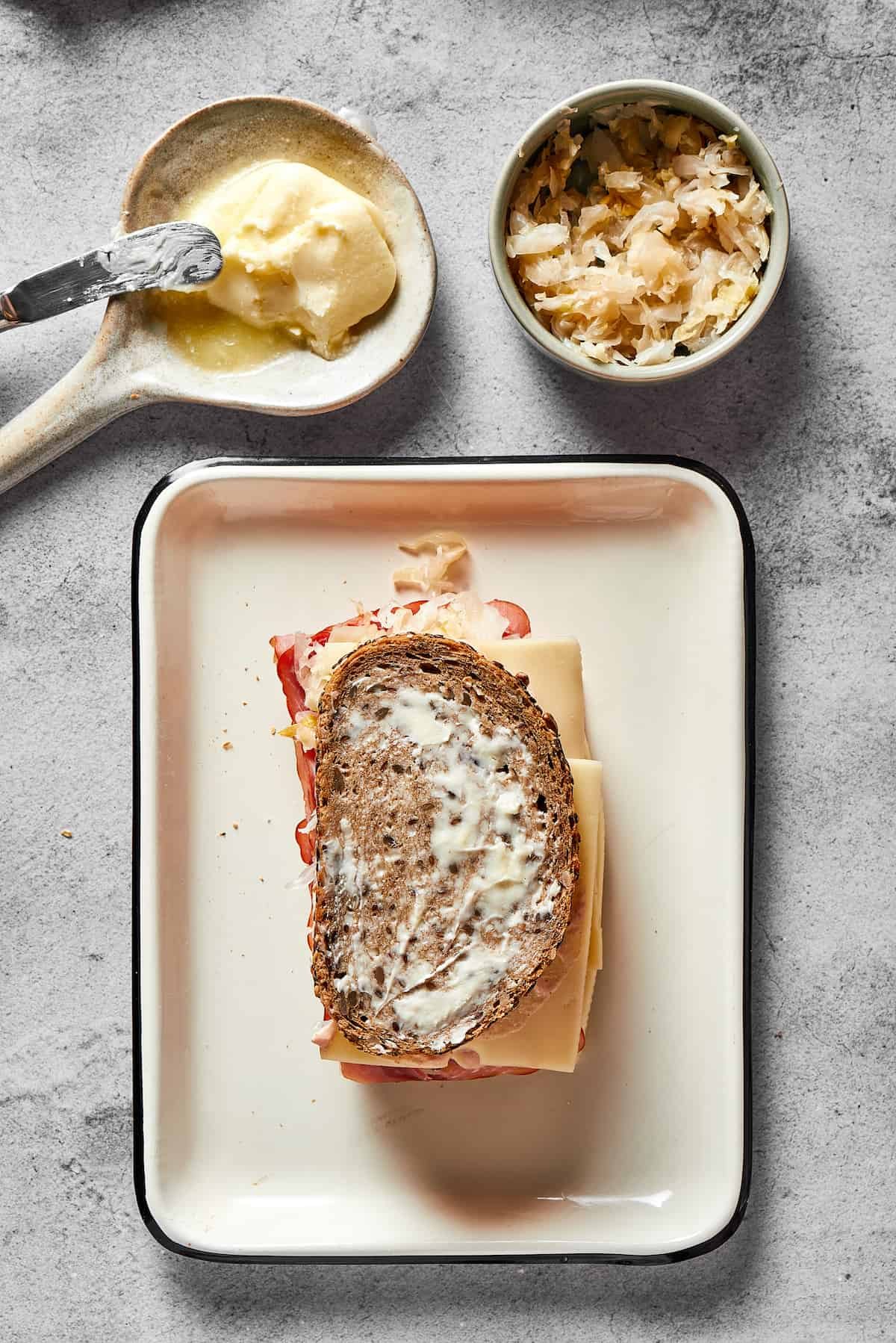 An un-grilled Reuben sandwich.