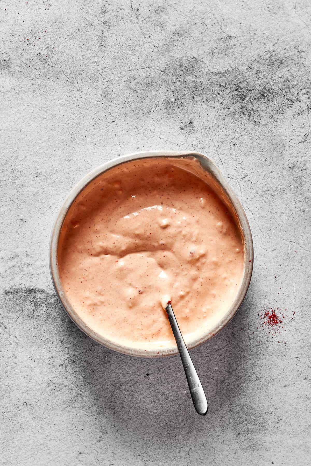Russian salad dressing in a mixing bowl.