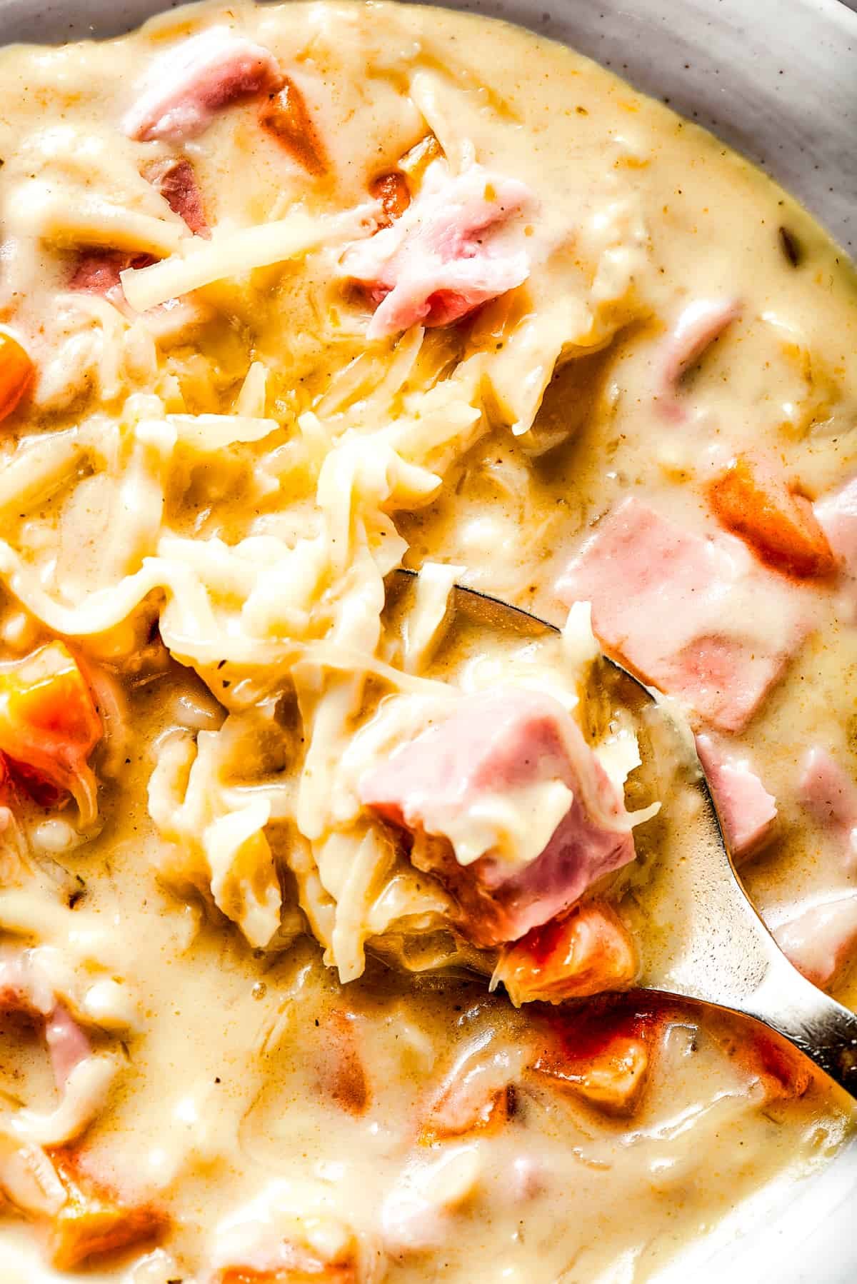 Close-up shot of Reuben soup with cheese and a spoon.
