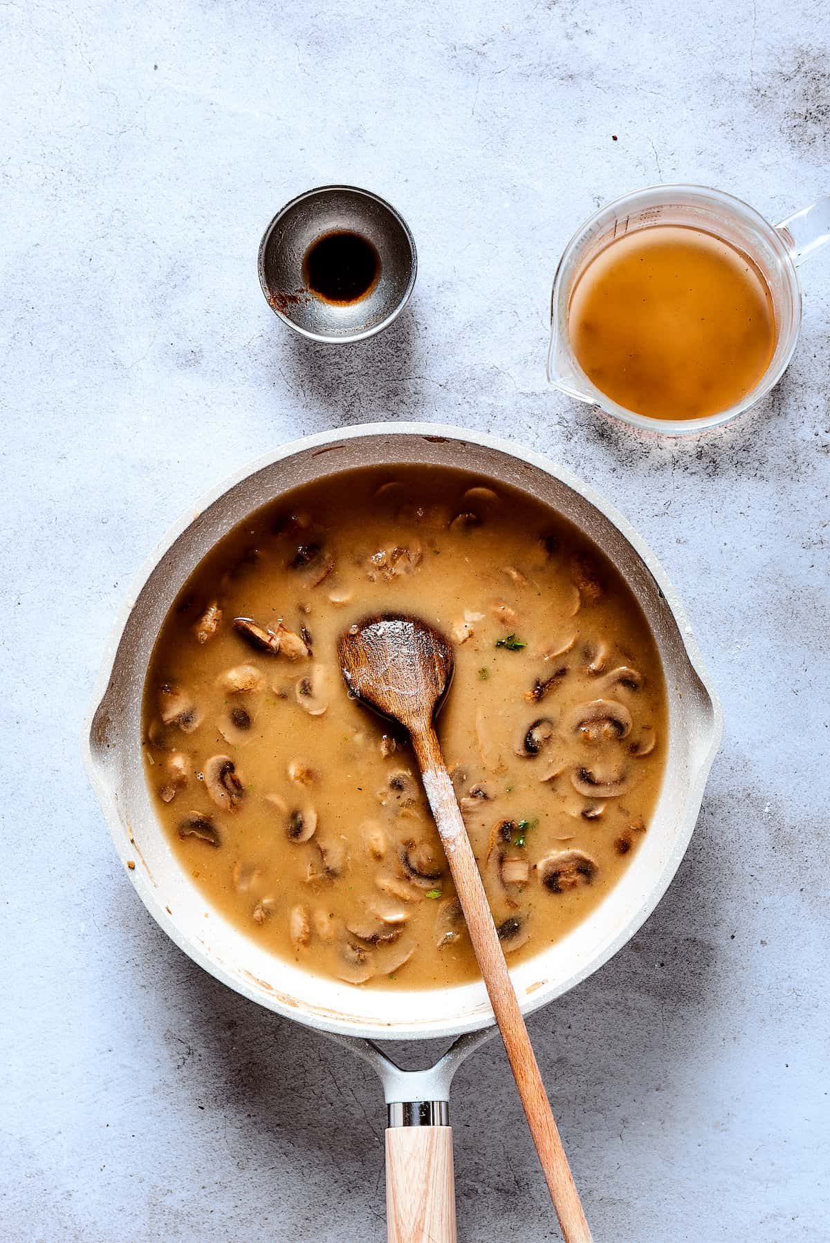 Mushroom sauce in a skillet.