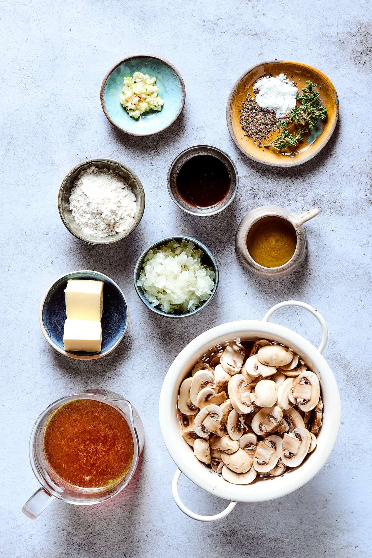 Gravy ingredients measured and arranged on a clean work surface.