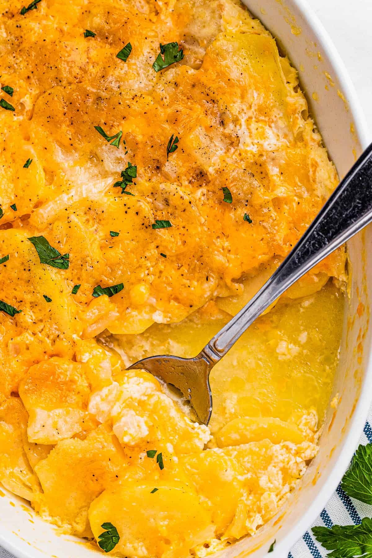 scalloped potatoes in a white casserole dish with a spoon inside the dish