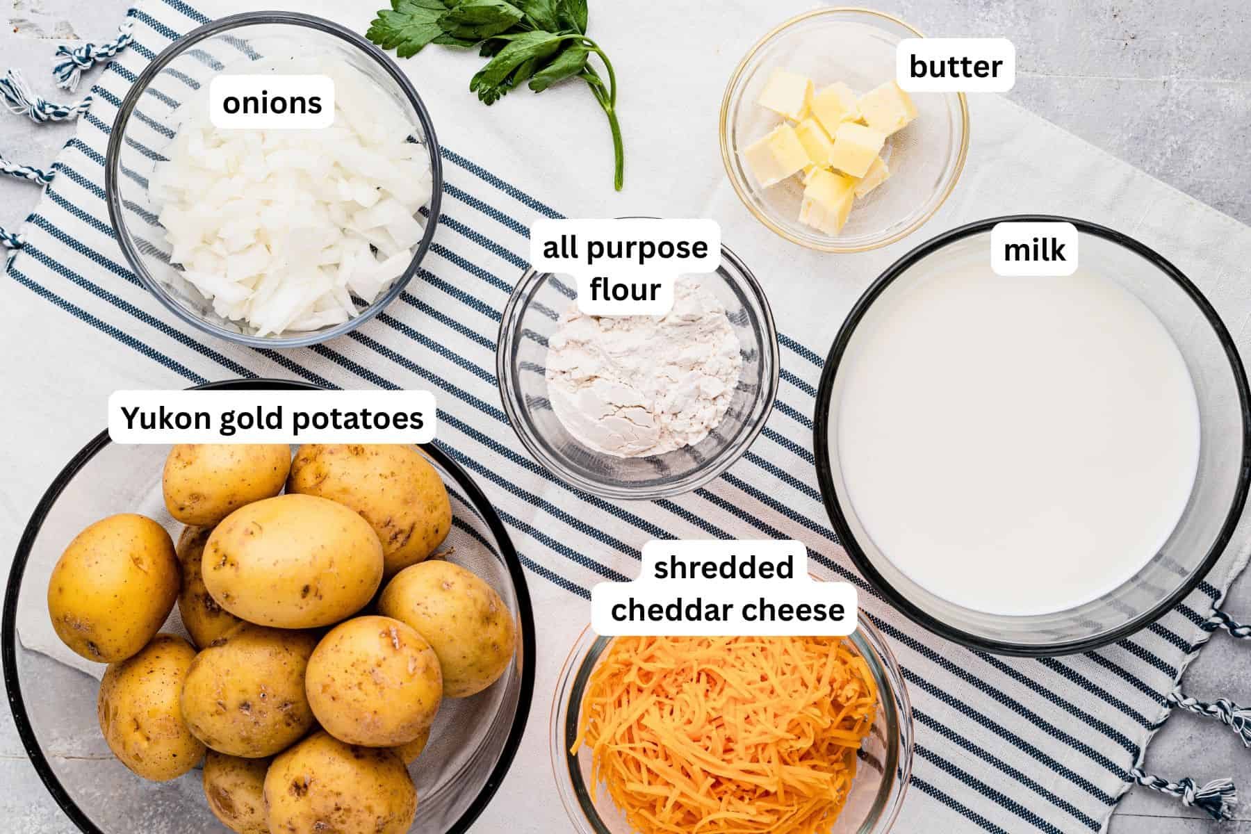 Ingredients for scalloped potatoes with labels.