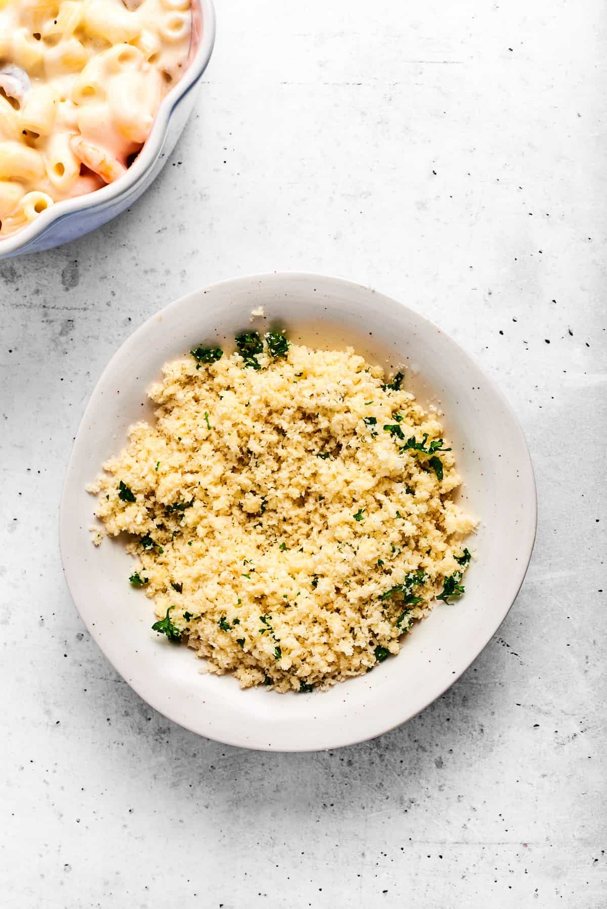 Parmesan breadcrumbs ready to go on top of the dish