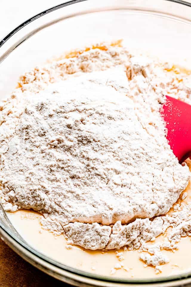 pancake batter in a glass mixing bowl