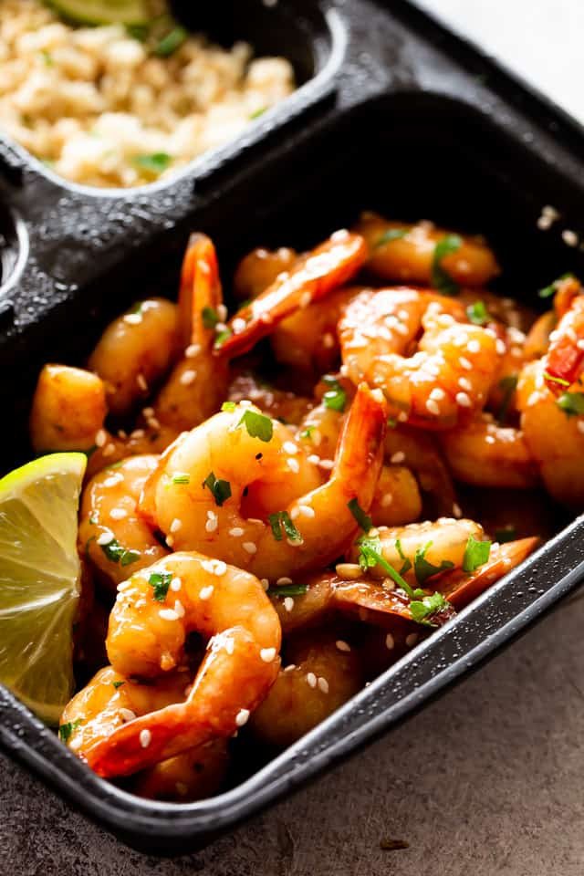 Sheet Pan Teriyaki Shrimp in a black container.
