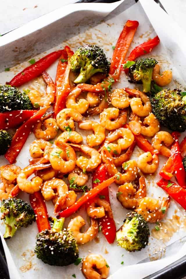 Overhead shot of Sheet Pan Teriyaki Shrimp Stir Fry.