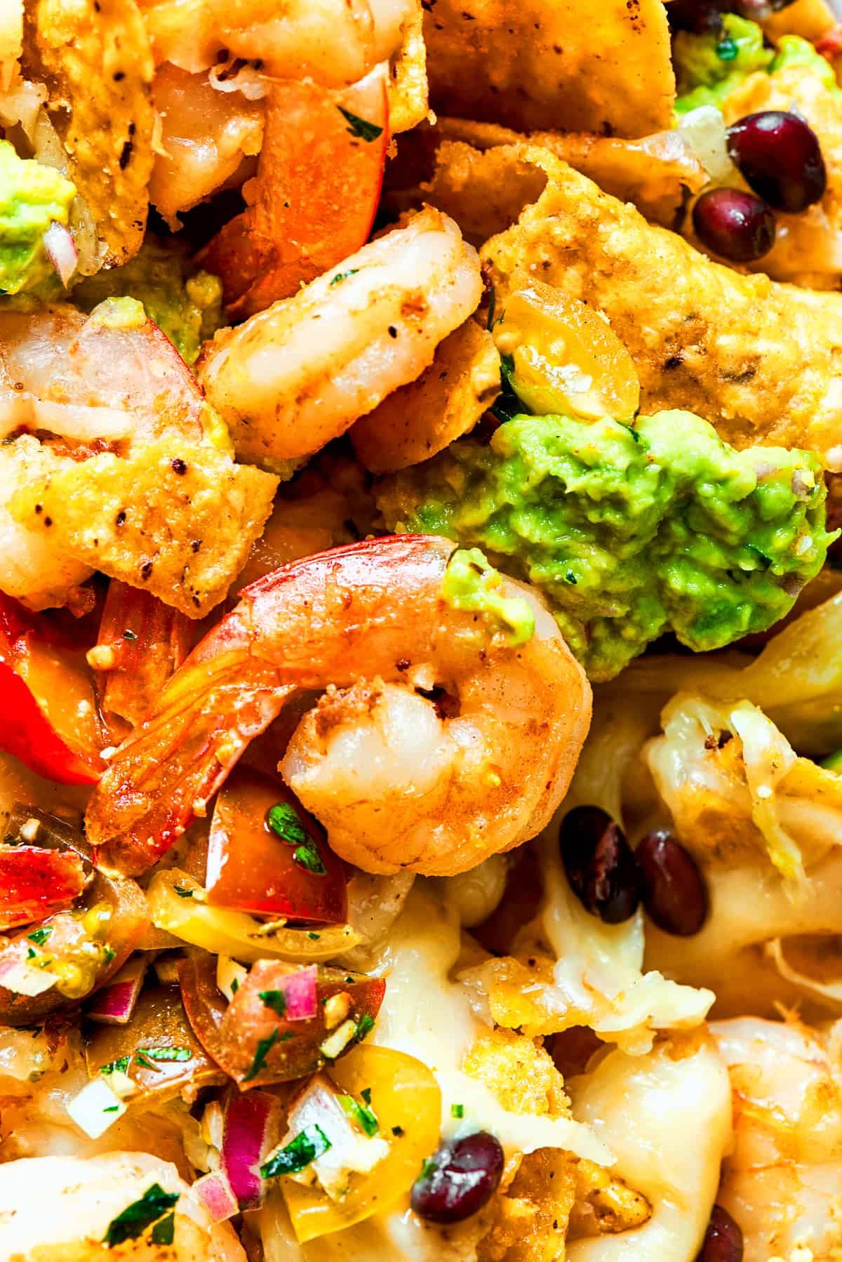 Closes-up of shrimp nachos.