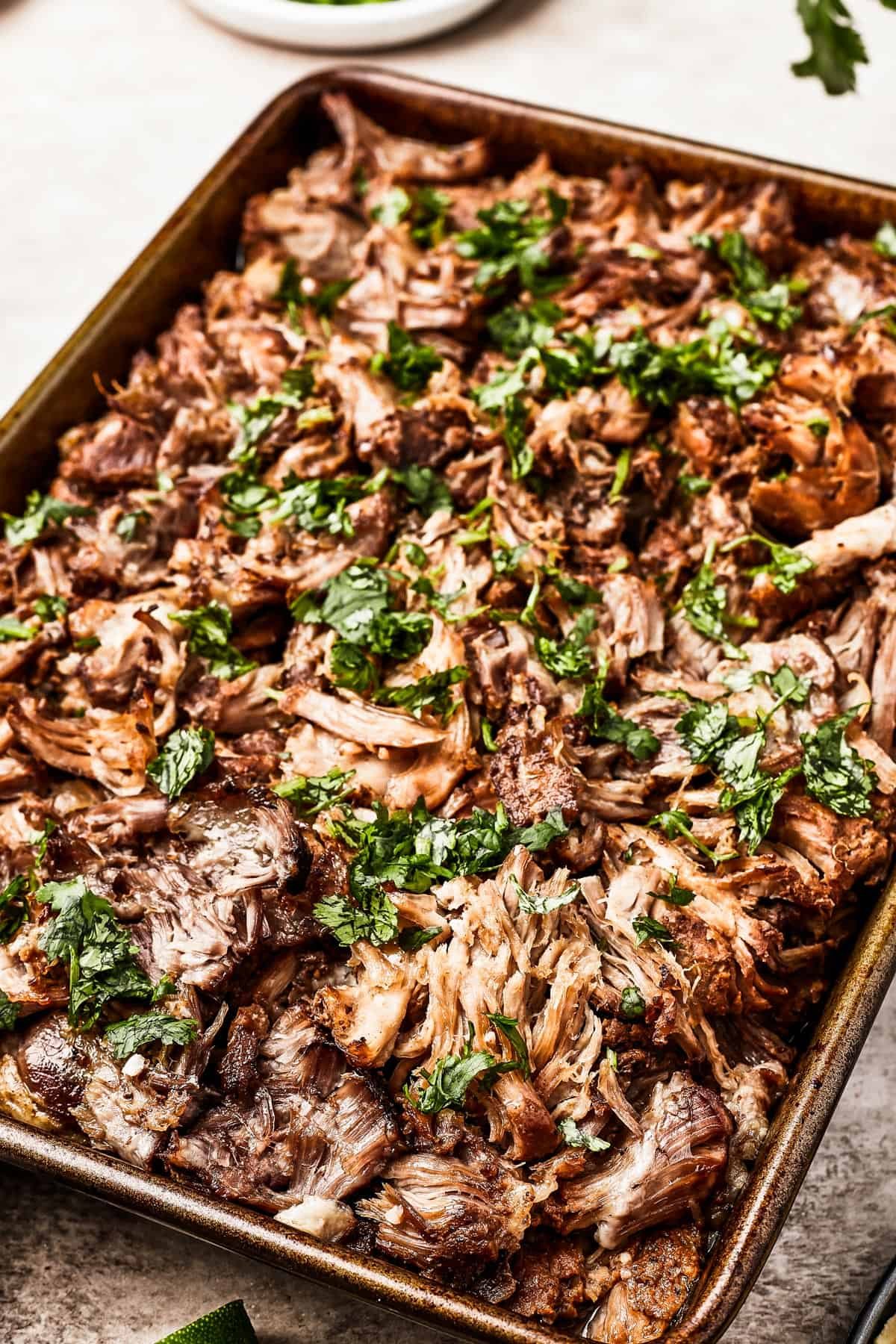 Crispy pork carnitas, garnished with fresh cilantro.