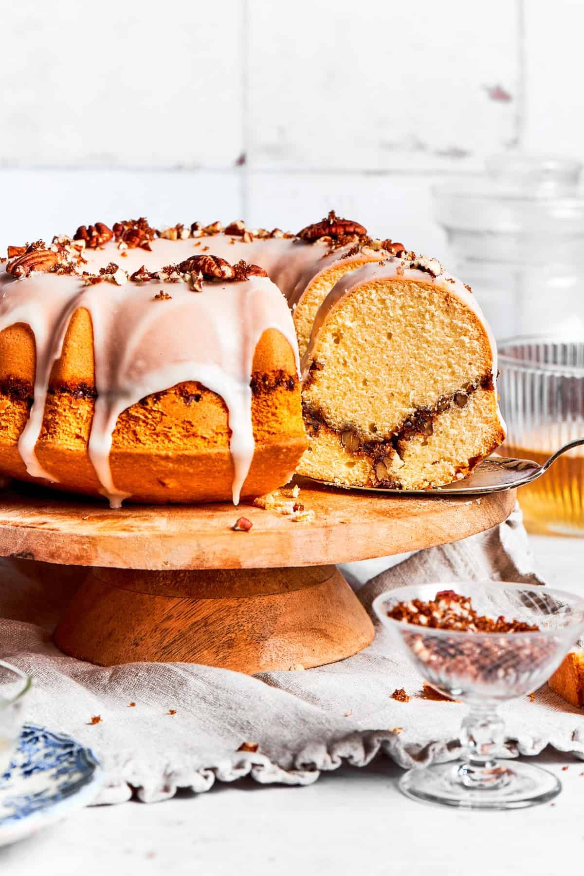Glazed sock it to me cake on a plate.