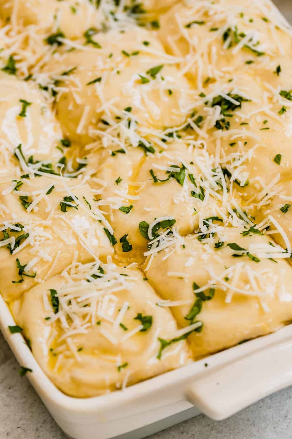 Oven-Ready Parmesan Dinner Roll Dough in an Off-White Pan