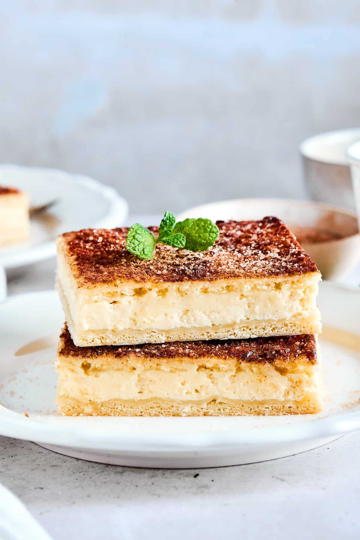 Two squares of cheesecake stacked on top of each other.