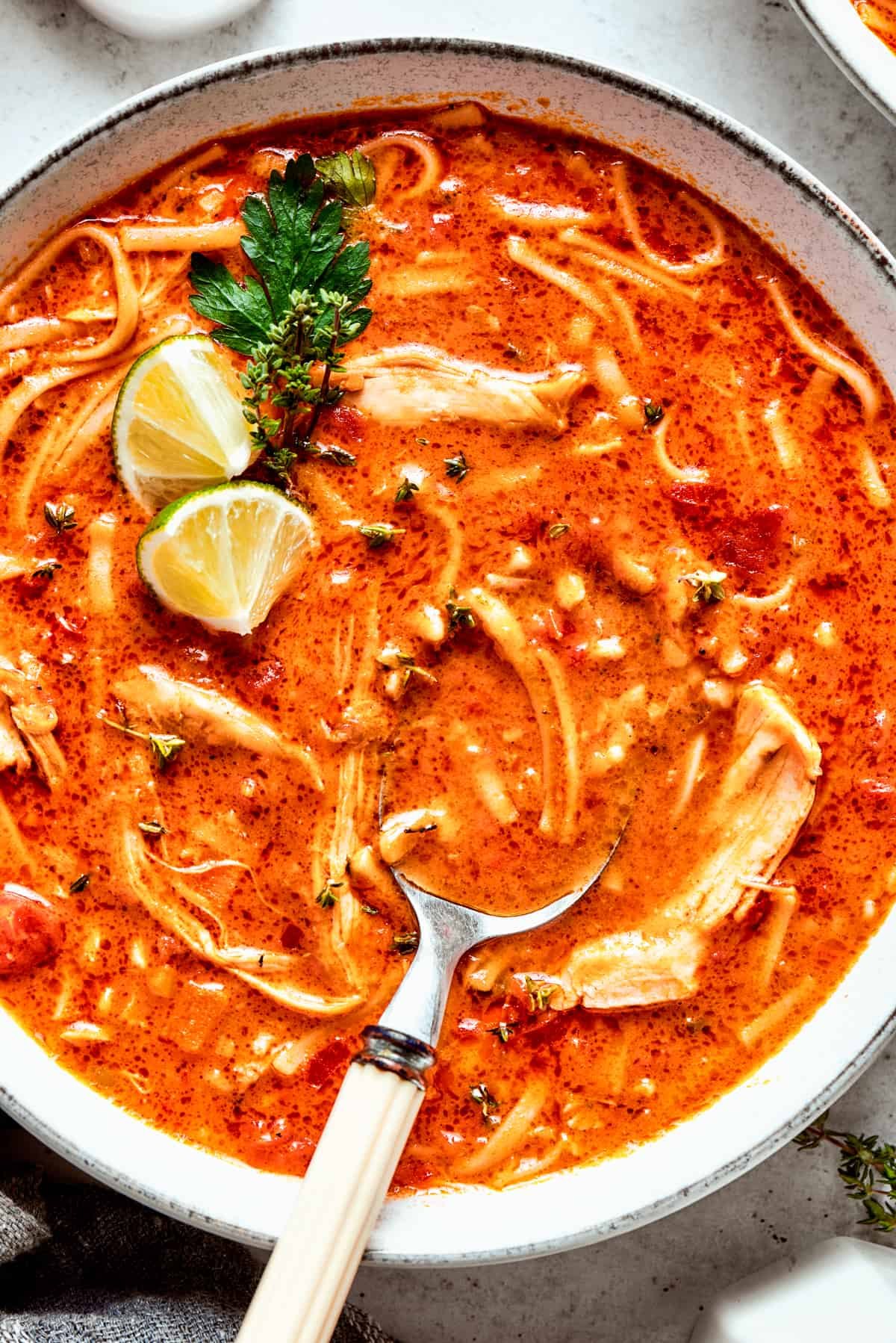 An overhead up close image of a bowl of spicy chicken soup with a spoon resting in the soup.