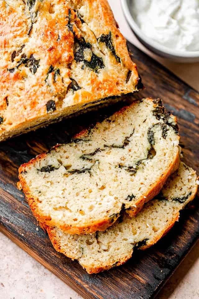top view of spinach and feta bread slices