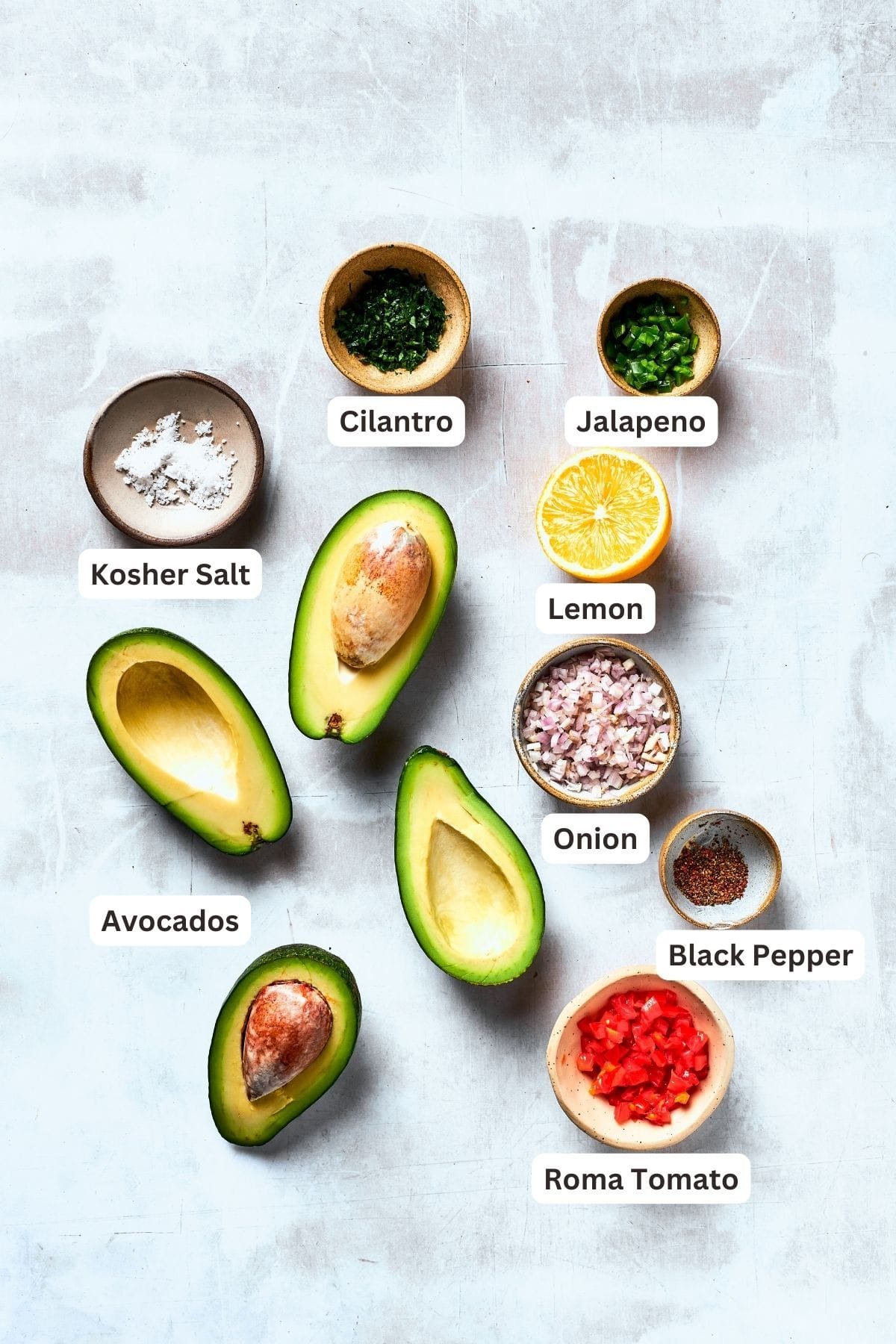 Guacamole ingredients are shown portioned out: avocados, garlic, onions, tomatoes, lemon huice, salt.