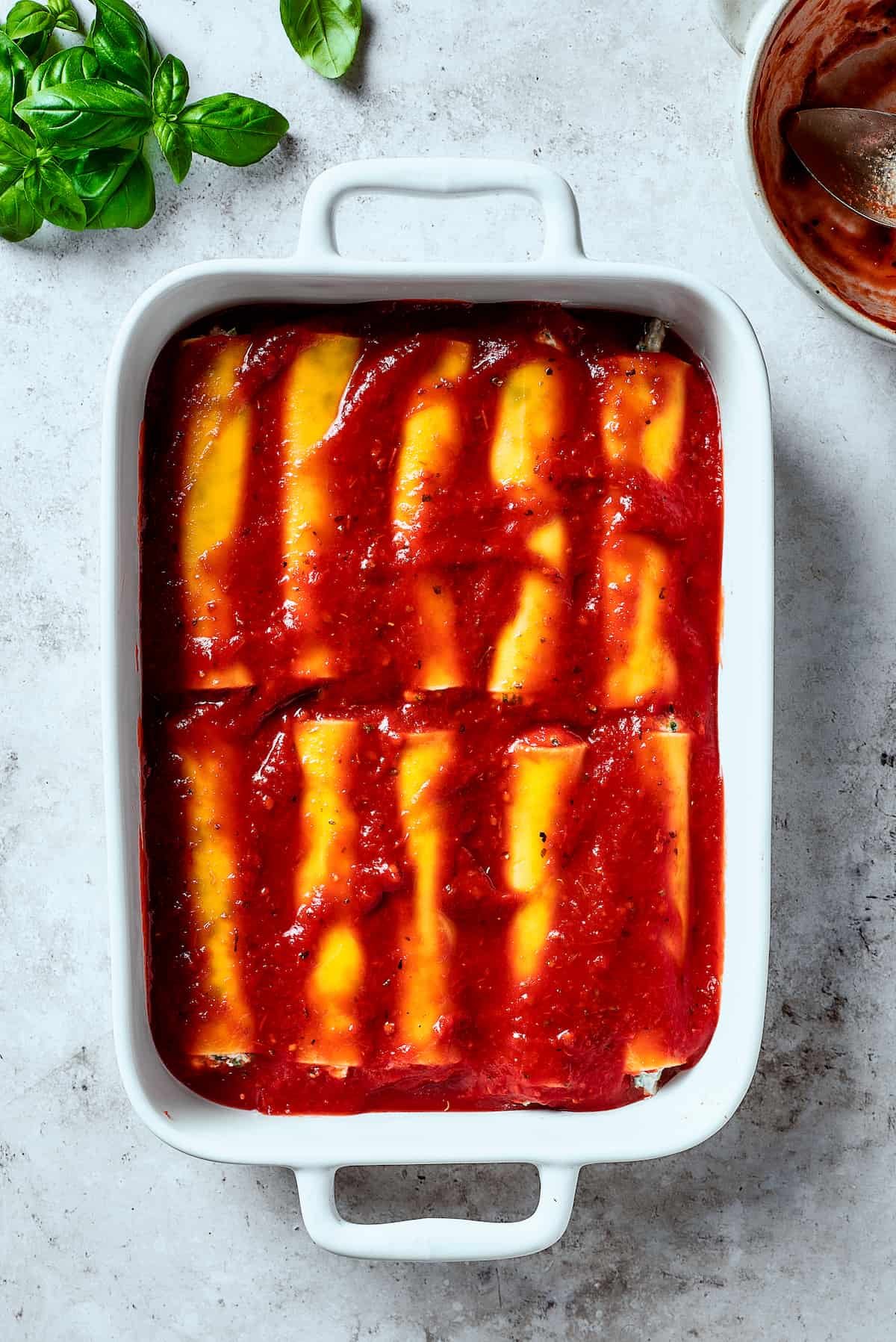 Pasta topped with sauce in a baking dish.