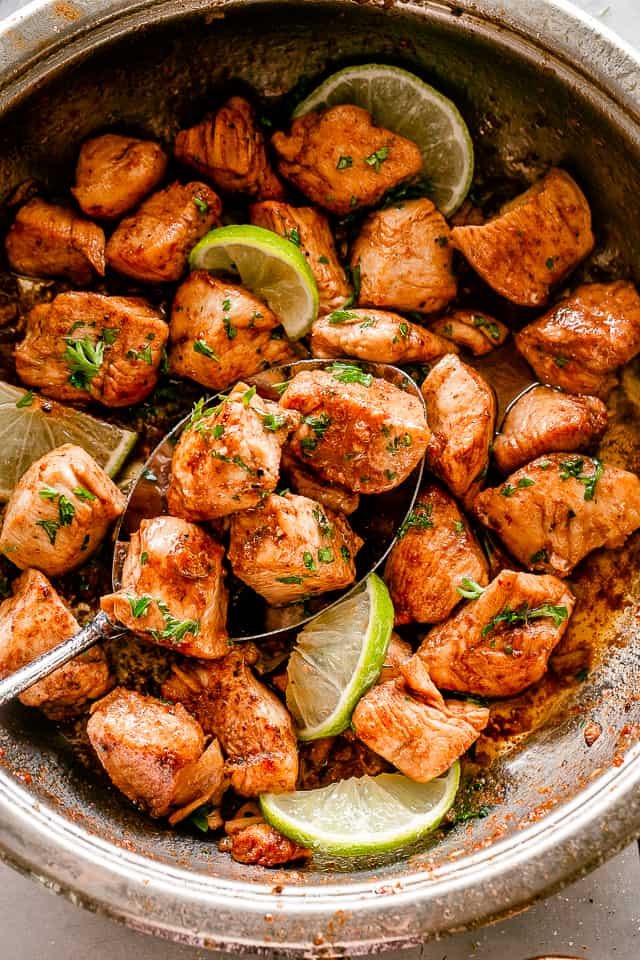 Skillet filled with chicken bites