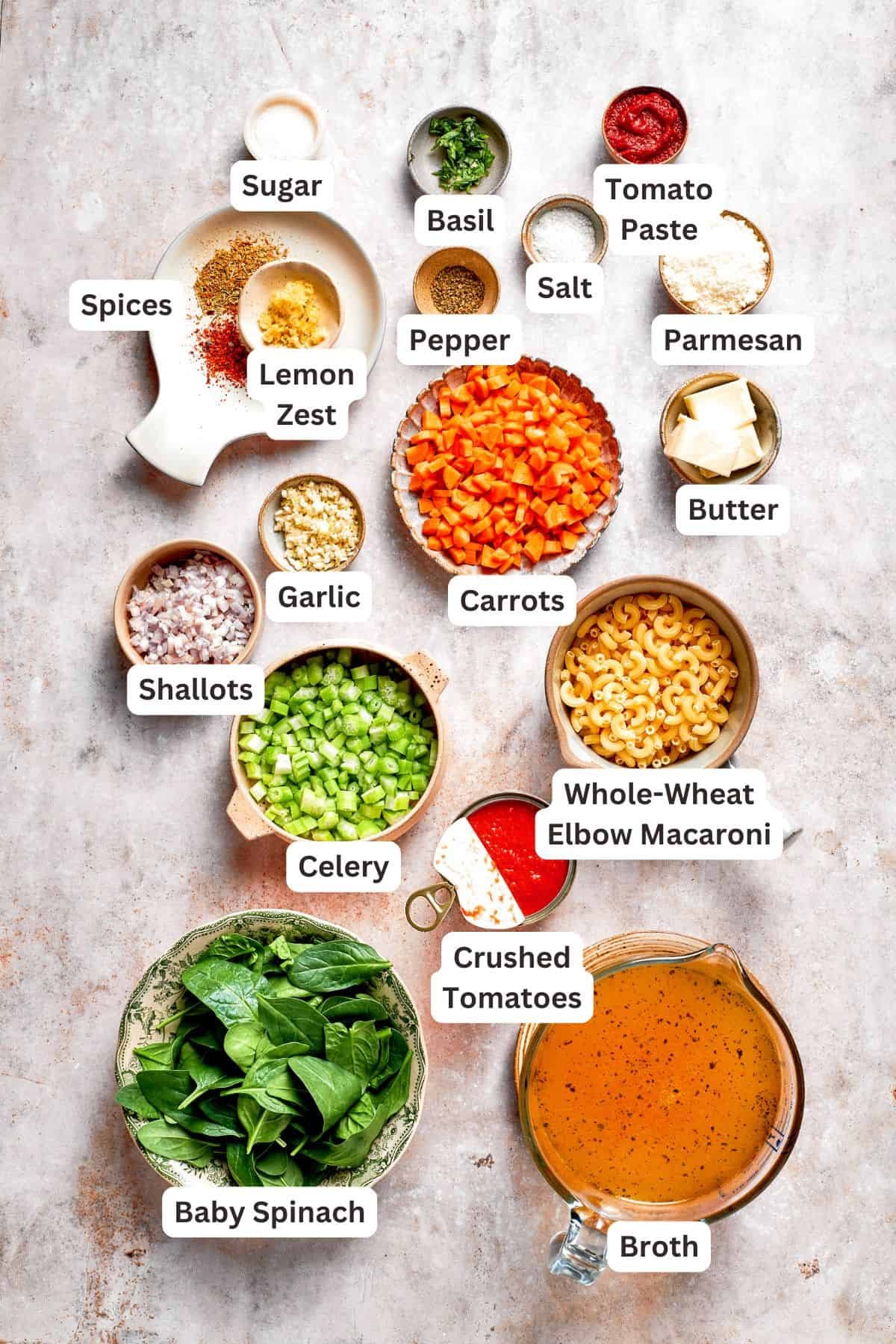 Ingredients for tomato florentine soup are text-labeled.