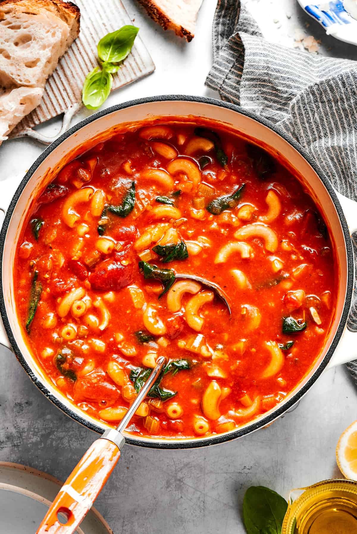 A pot of tomato Florentine soup.