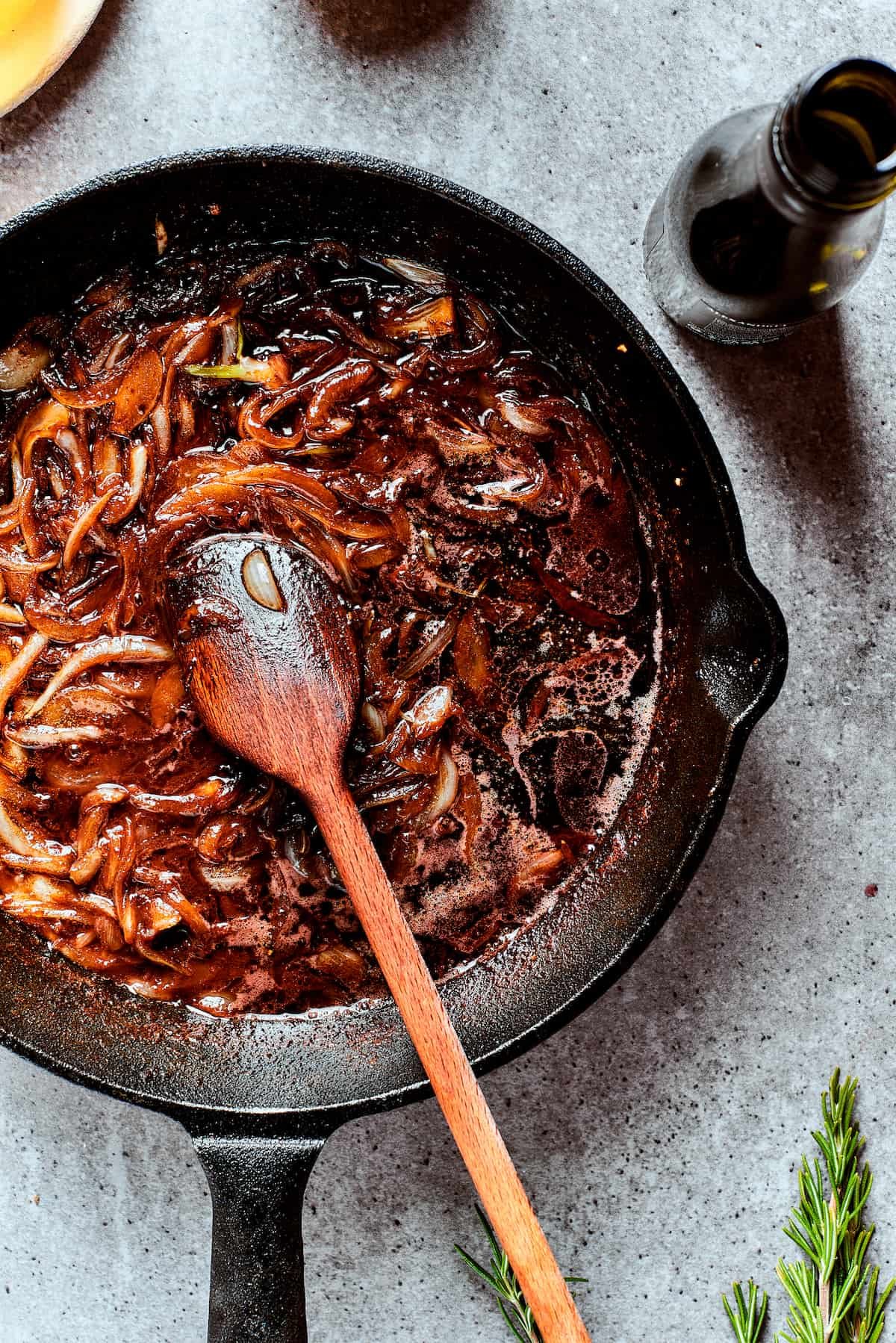 Caramelized onions in a skillet.