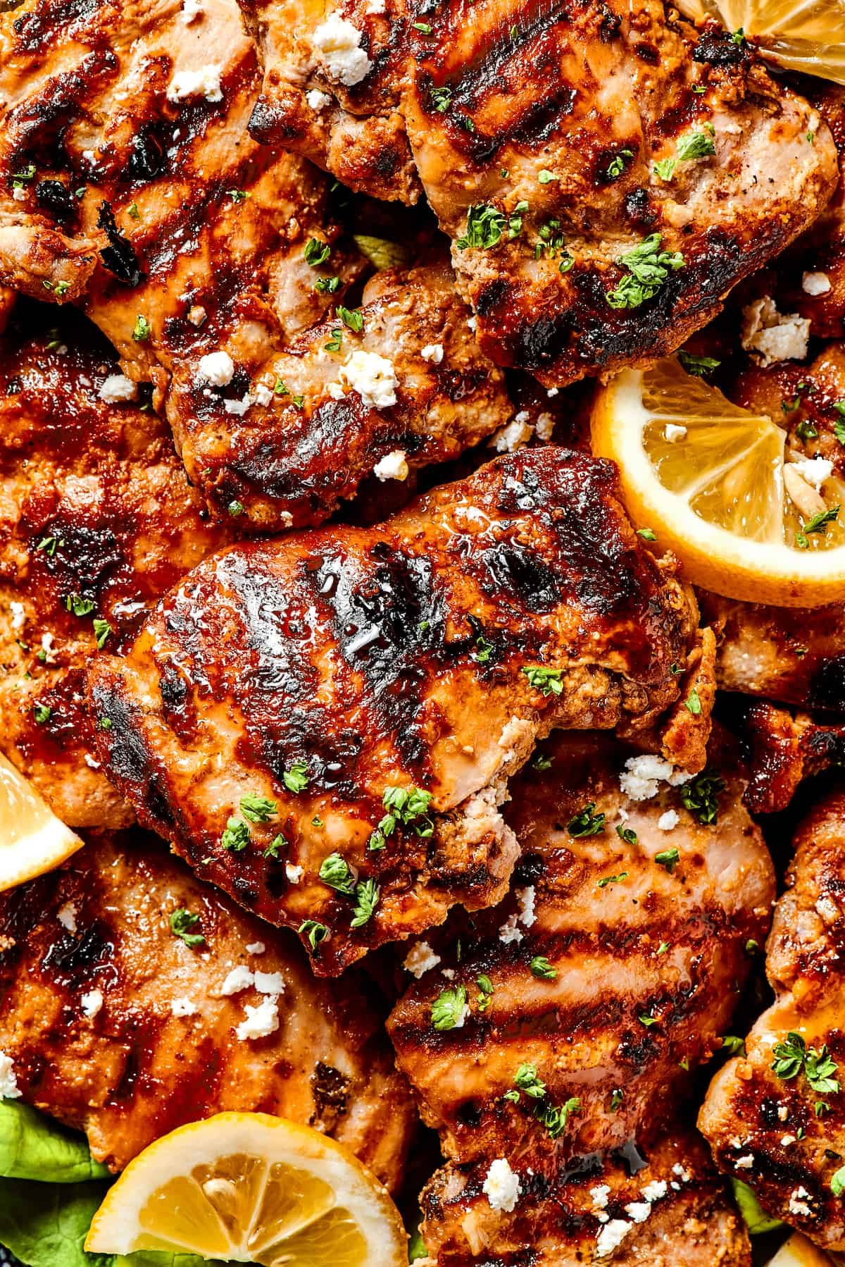 Yogurt marinated chicken grilled and topped with feta cheese.