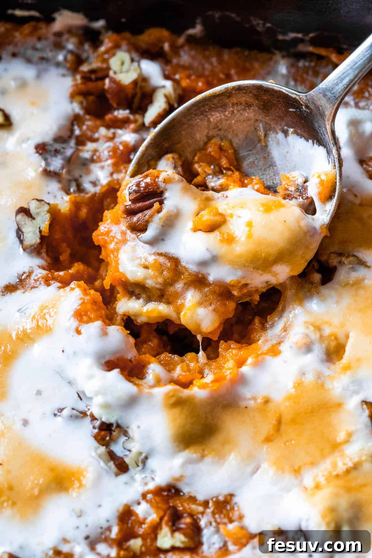 A close-up shot of sweet potato casserole, highlighting the rich texture of the base and the perfectly melted, golden-brown marshmallow topping.