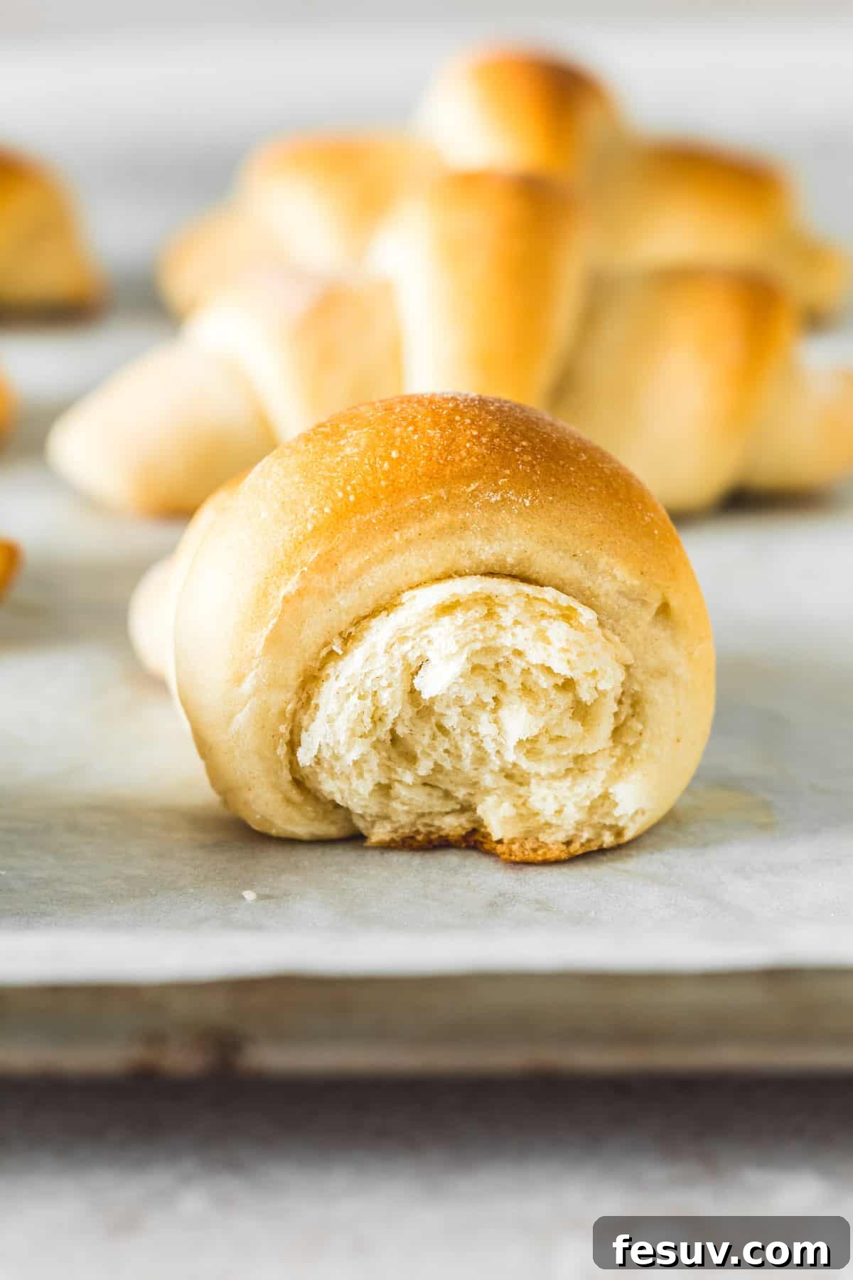 Buttery Homemade Crescent Rolls 10 A side view of a freshly baked crescent roll, torn open to reveal its fluffy, soft interior texture.