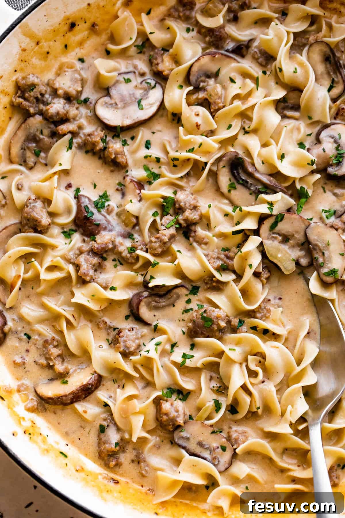 up close shot of beef stroganoff prepared with noodles, mushrooms, and beef.
