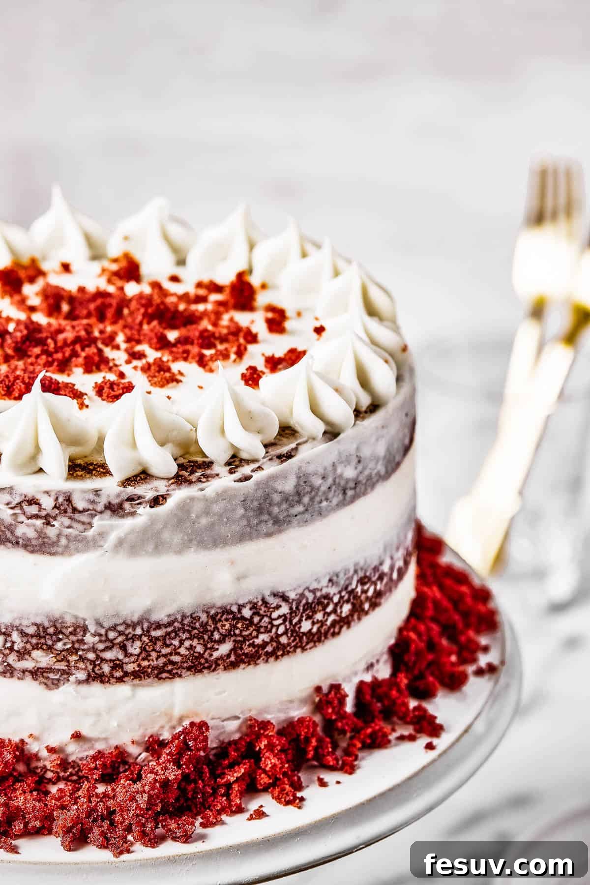 A fully frosted red velvet cake, beautifully decorated with cake crumbs pressed onto its sides, sitting on a cake stand.