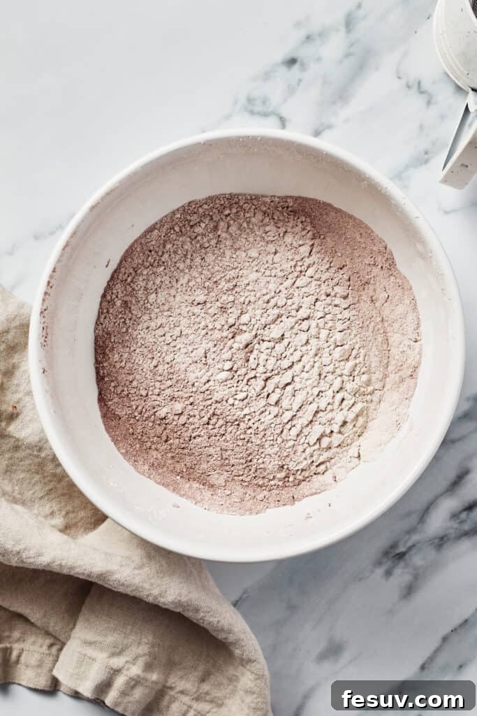 Dry ingredients for the cake, including flour, cocoa powder, salt, and baking soda, sifted together in a large mixing bowl.