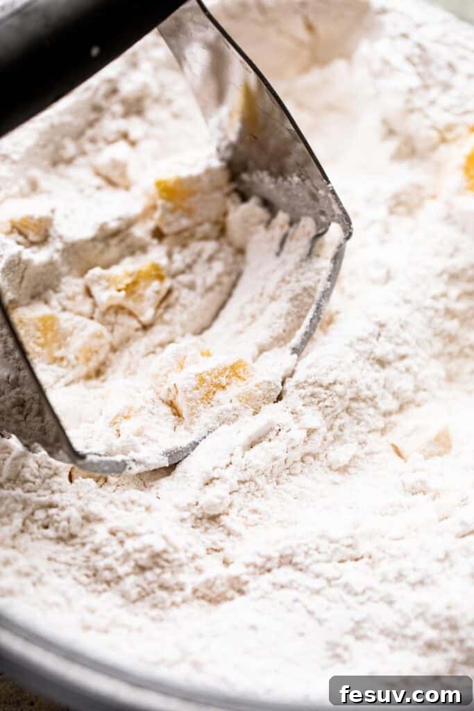 Cutting cold butter into flour for scone dough. cutting butter into flour with a pastry blender.