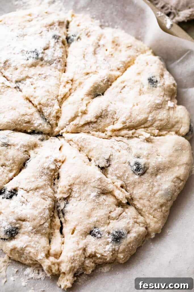 Scone dough shaped and cut into wedges. a round loaf of dough cut into eight slices