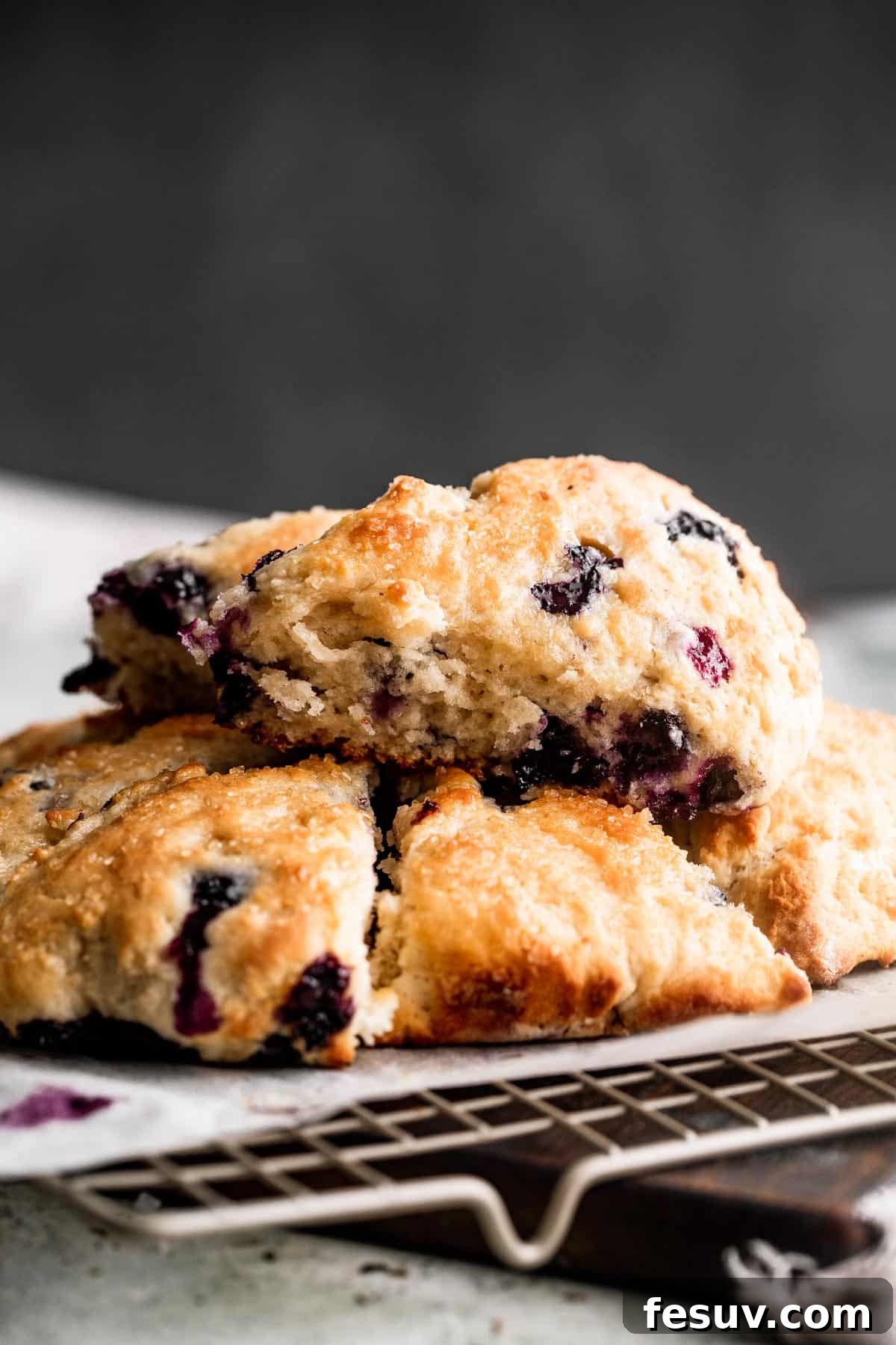 Three blueberry scones cooling on a wire rack. three blueberry scones set on a wire rack