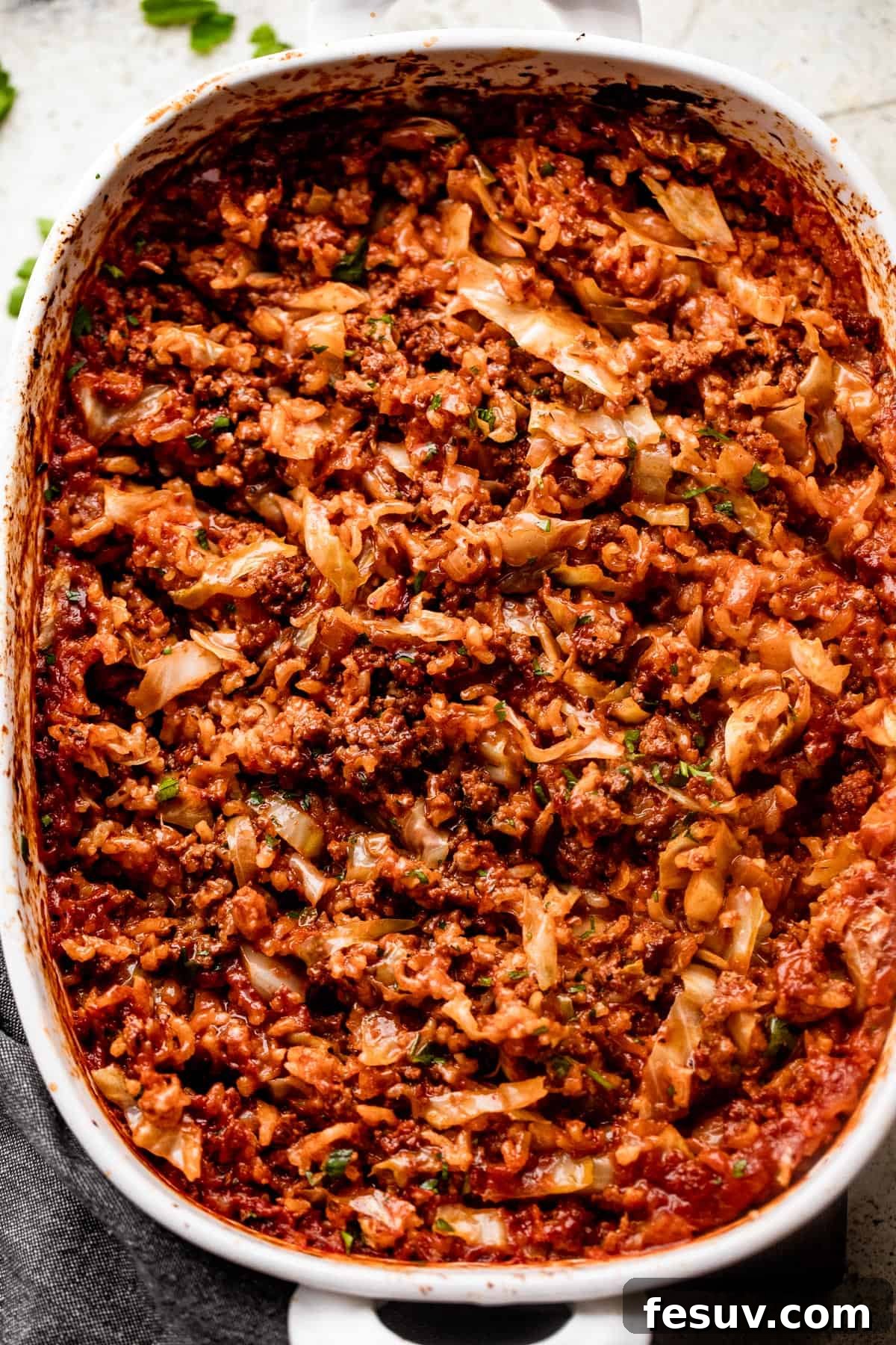Hearty Cabbage Roll Casserole 7 overhead shot of cabbage roll casserole in a baking dish.