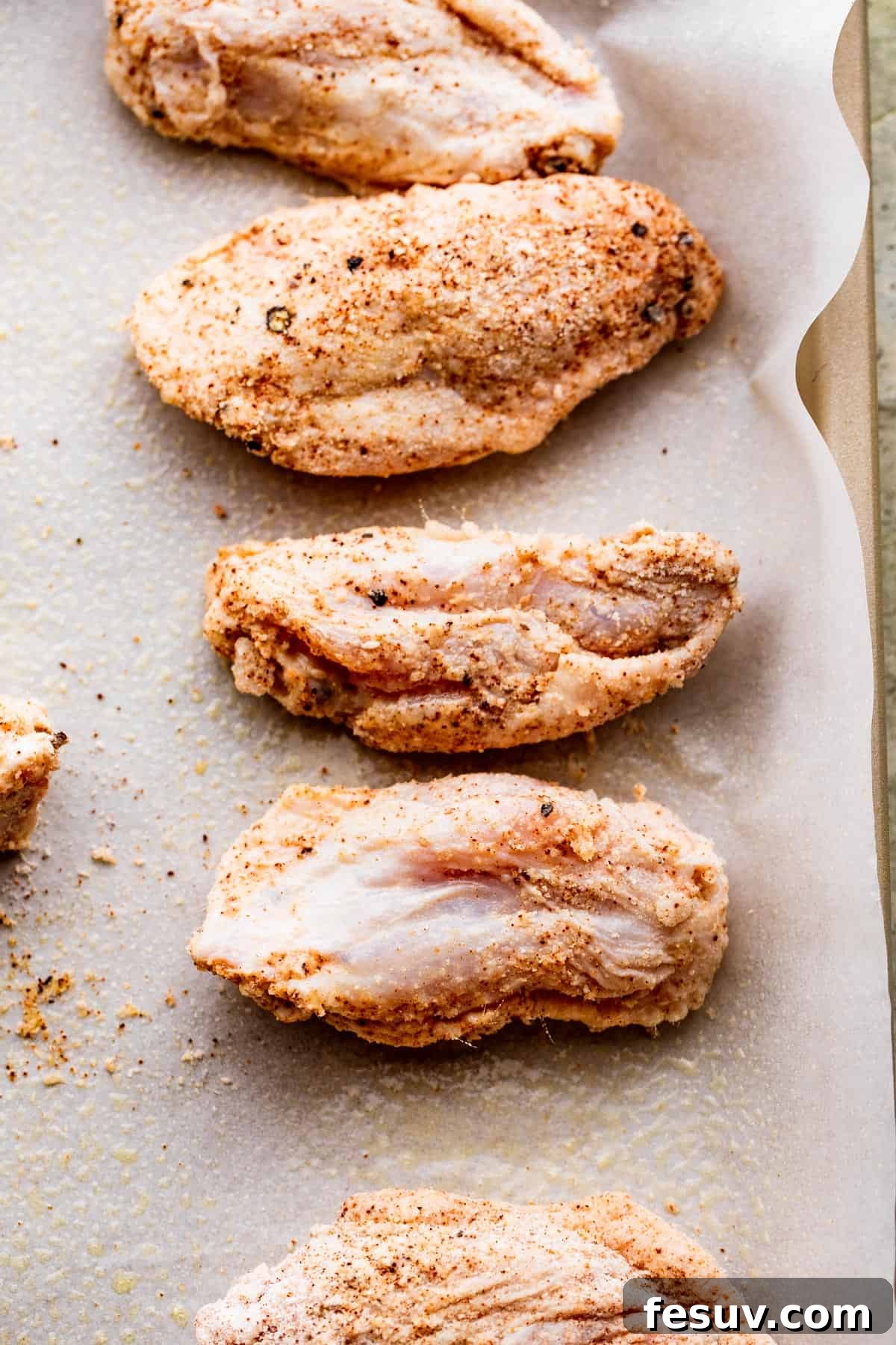 raw wings set on a parchment lined baking sheet.