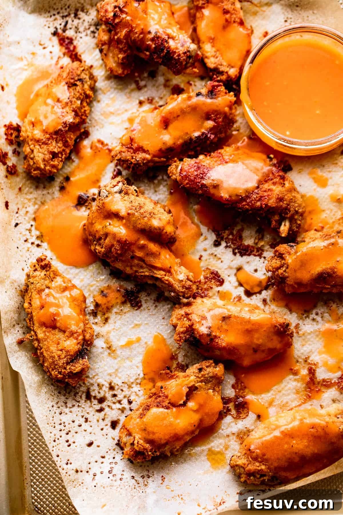 habanero hot wings on a baking sheet with a jar of buffalo dipping sauce set right next to the wings.