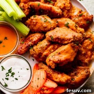overhead shot of Mango Habanero Hot Wings arranged on a white serving plate with celery sticks and carrots set alongside the wings. Two Jars of hot sauce and ranch dipping sauce are also set on the plate.