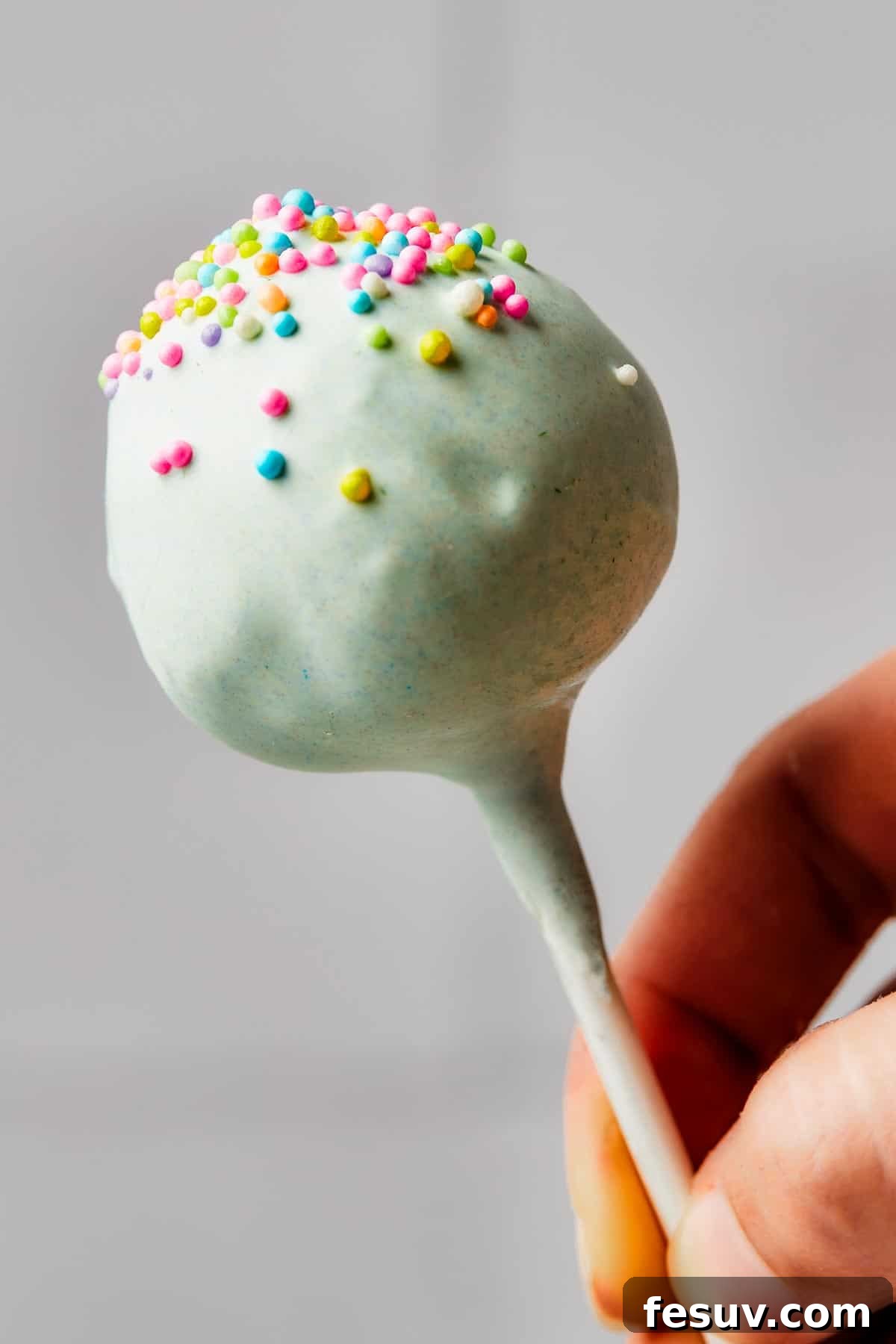 A pastel-colored cake pop with colorful sprinkles.