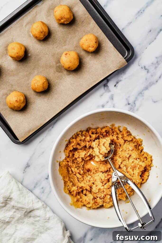 A parchment-lined baking sheet with balls of cake dough lined up on it. A mixing bowl of dough and cookie scoop are nearby on the work surface.
