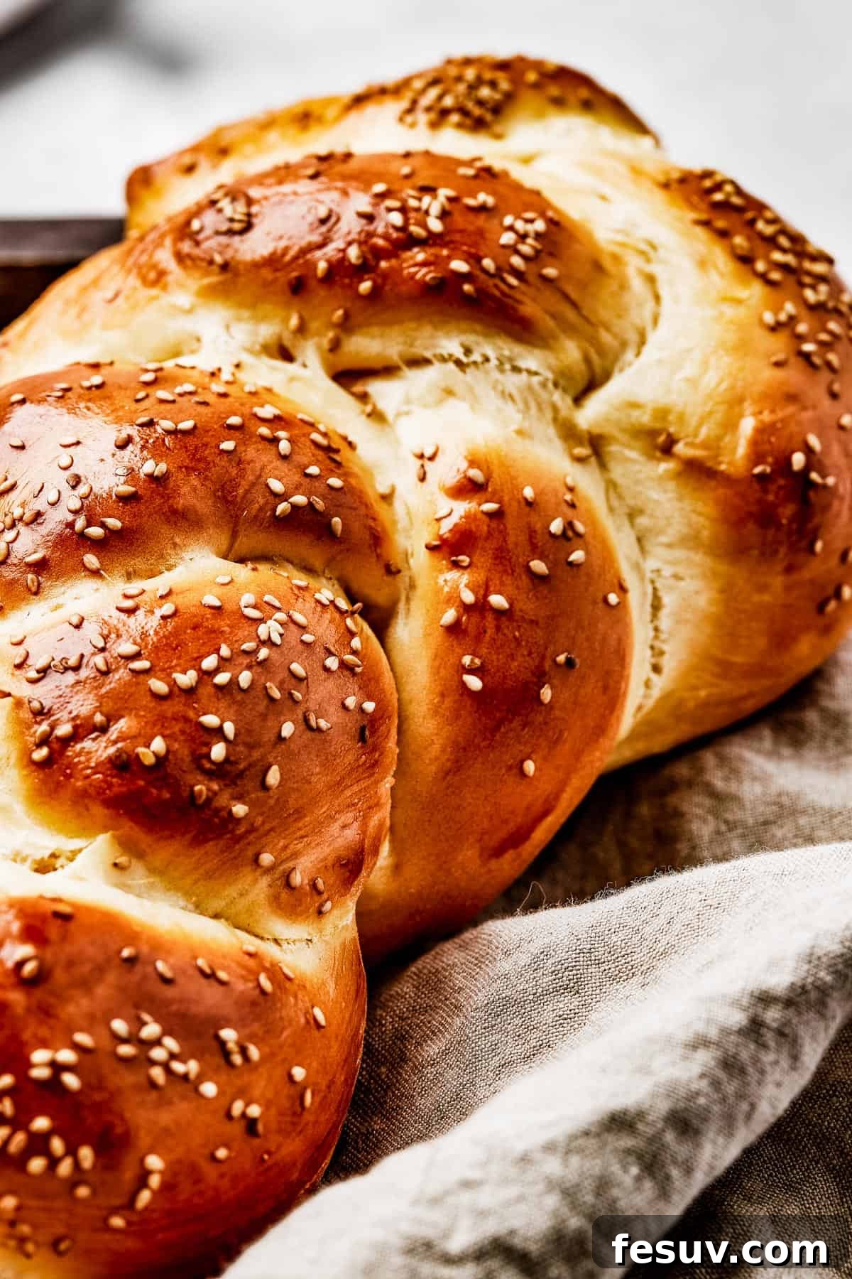 Golden Braids of Challah Perfection 10 A detailed close-up of a challah loaf, highlighting the exquisite texture and definition of its perfectly braided sections, inviting a taste.