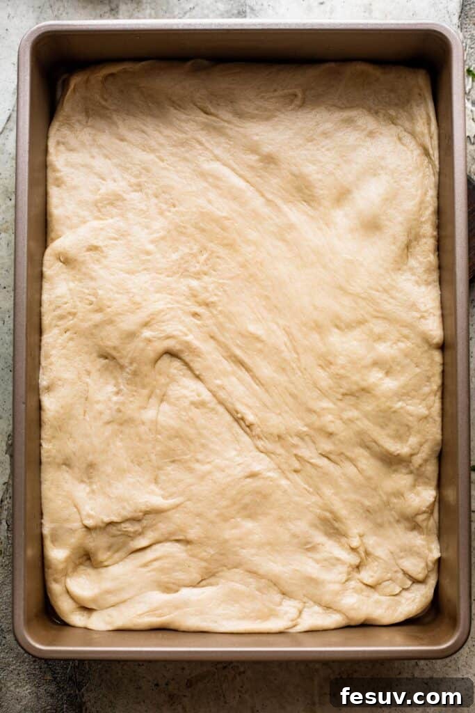 Pillowy Herb-Kissed Garlic Focaccia 6 Smooth, dimpled bread dough perfectly spread into a baking pan, ready for its final rise and toppings.
