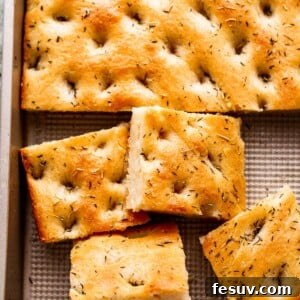 Overhead shot of freshly baked focaccia.