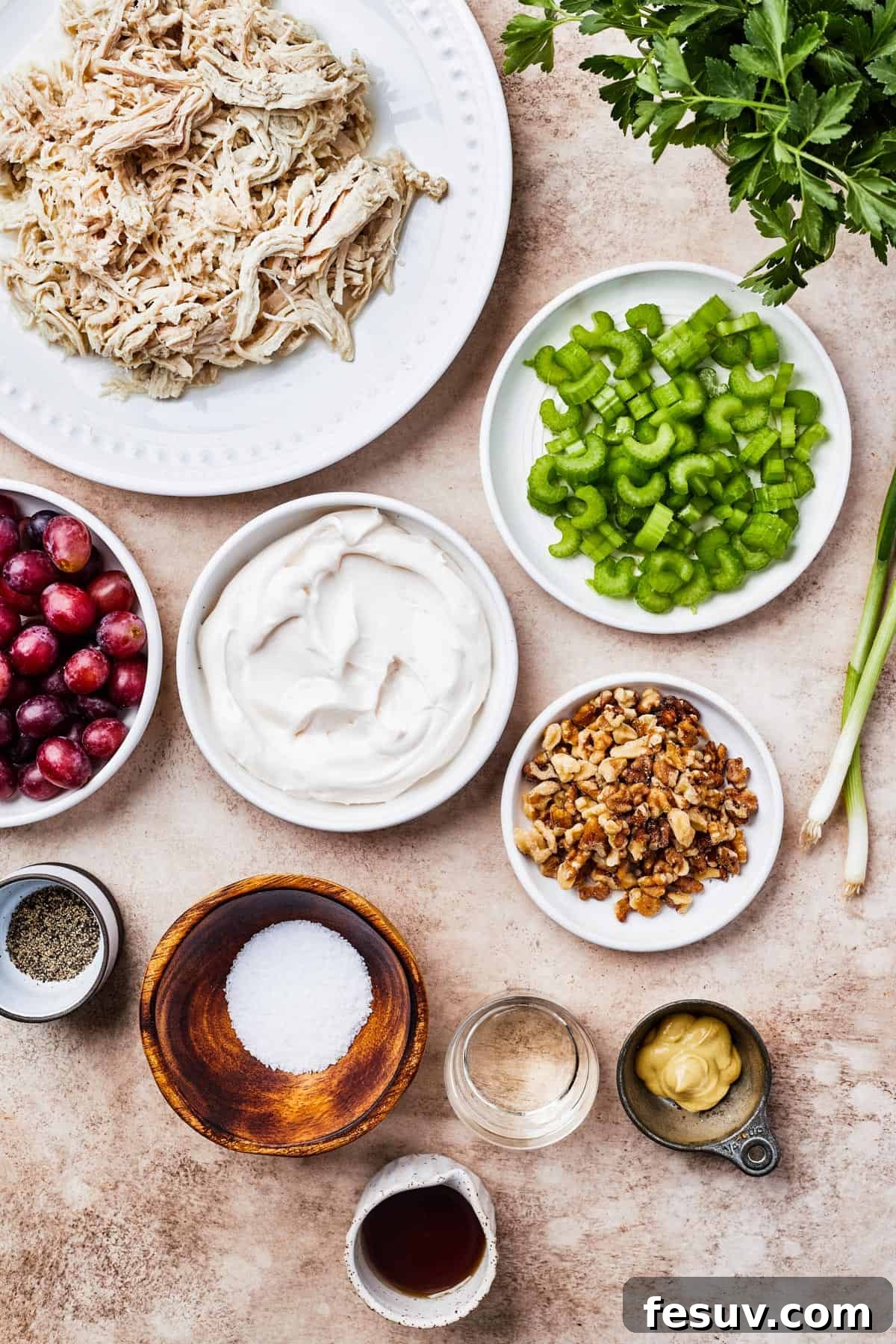 From top left: Shredded chicken, celery grapes, mayonnaise, chopped walnuts, seasonings, white wine vinegar, dijon mustard, maple syrup, neatly arranged for the recipe.