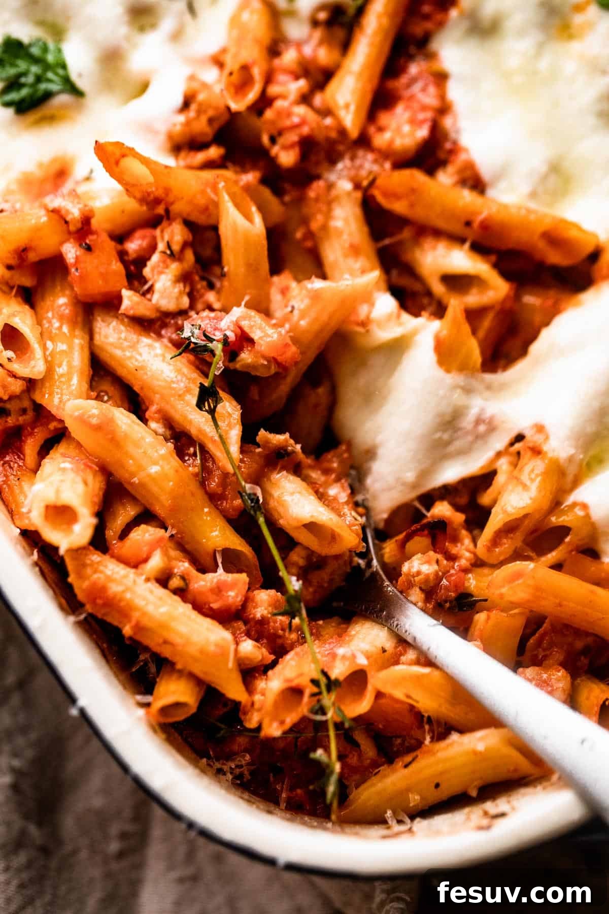 Velvet Penne Vodka Bake 3 A wooden spoon carefully lifts a serving of hot, cheesy Baked Penne Alla Vodka from a large baking dish, showcasing the melted mozzarella and tender pasta within.