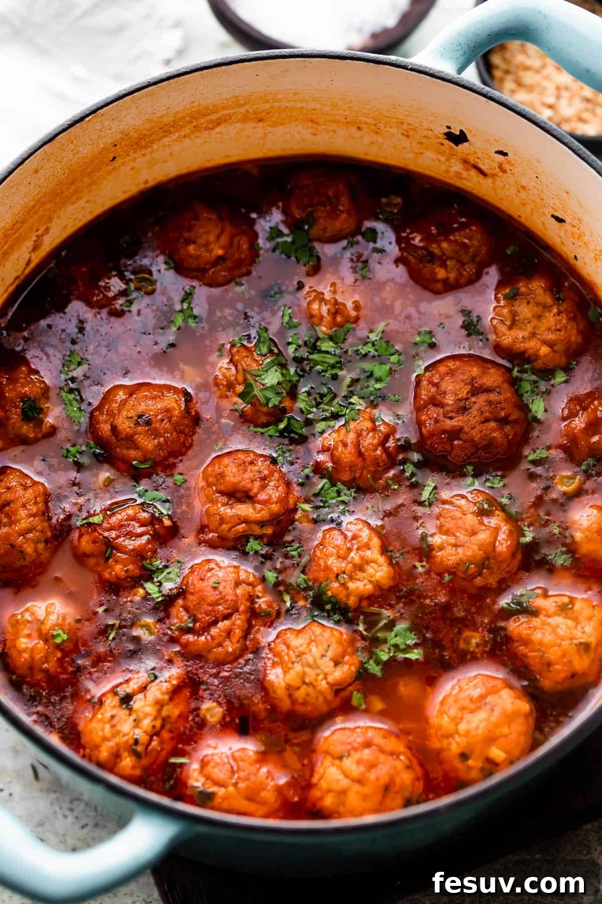 Hearty Mexican Meatball Soup 4 overhead shot of a dutch oven with Albondigas Soup.