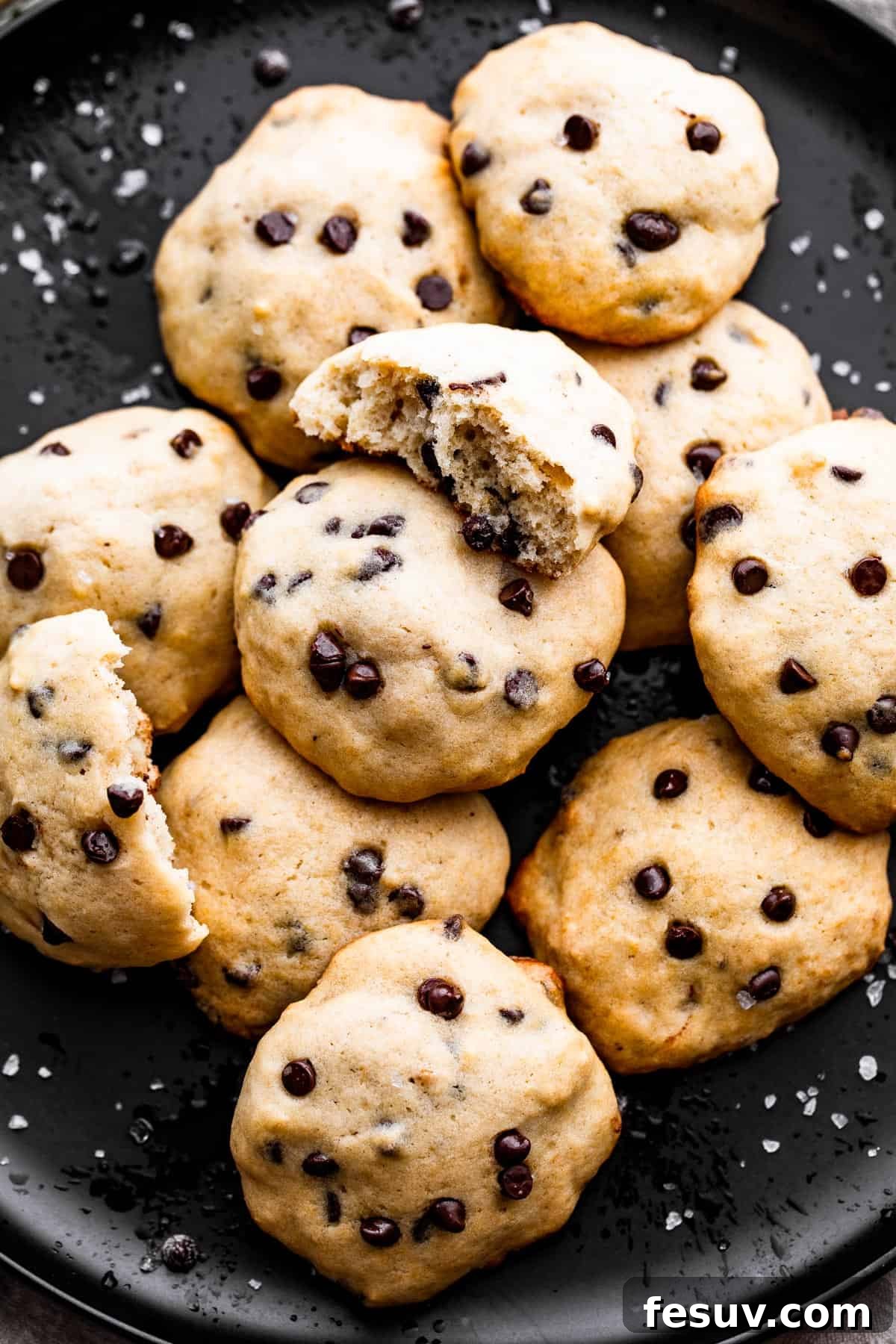 Golden Banana Chocolate Chip Cookies 2 overhead shot of banana chocolate chips cookies served on a black plate.