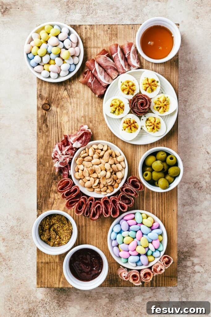 Craft the Perfect Easter Charcuterie Board 5 A rectangular cutting board adorned with small bowls containing olives, various condiments, festive Jordan almonds, and savory Marcona almonds, alongside a plate of fluffy deviled eggs, showcasing the initial setup for an Easter charcuterie.