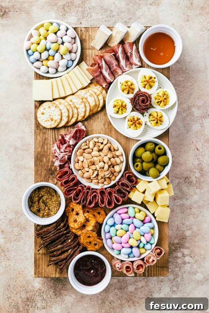Craft the Perfect Easter Charcuterie Board 6 A beautifully composed wooden cutting board laden with elegant dishes of various ingredients, artfully folded and rolled sliced meats, expertly sliced and cubed cheeses, and an inviting assortment of crisp crackers, all arranged to create a visually appealing charcuterie spread.