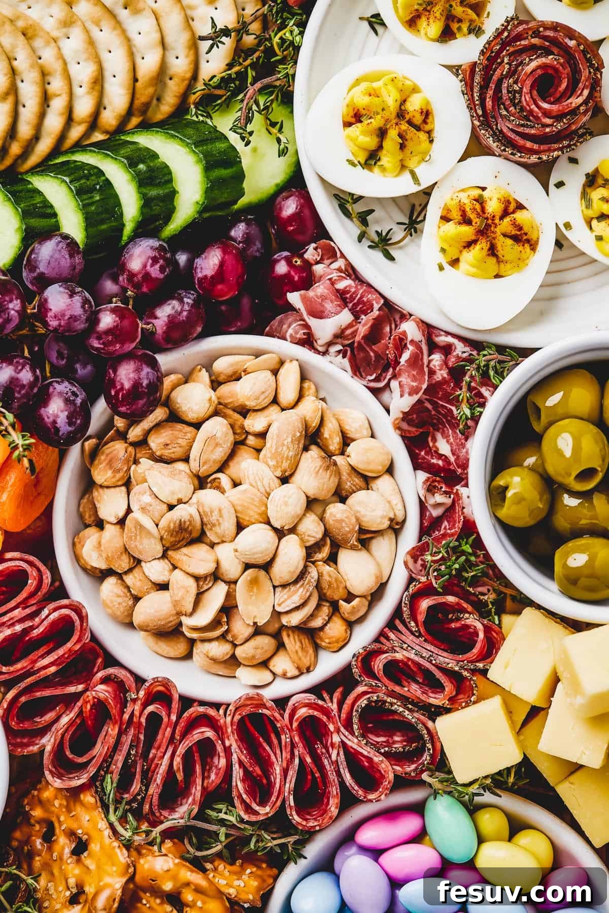 Craft the Perfect Easter Charcuterie Board 7 A vibrant close-up of an Easter charcuterie board, showcasing a delightful arrangement of Marcona almonds nestled in a small dish, surrounded by neatly folded slices of savory salami, sweet dried apricots, juicy red grapes, and briny olives, creating an inviting textural contrast.