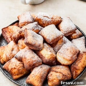 French Quarter Powdery Delights 12 A plate of fried beignets, dusted with powdered sugar.